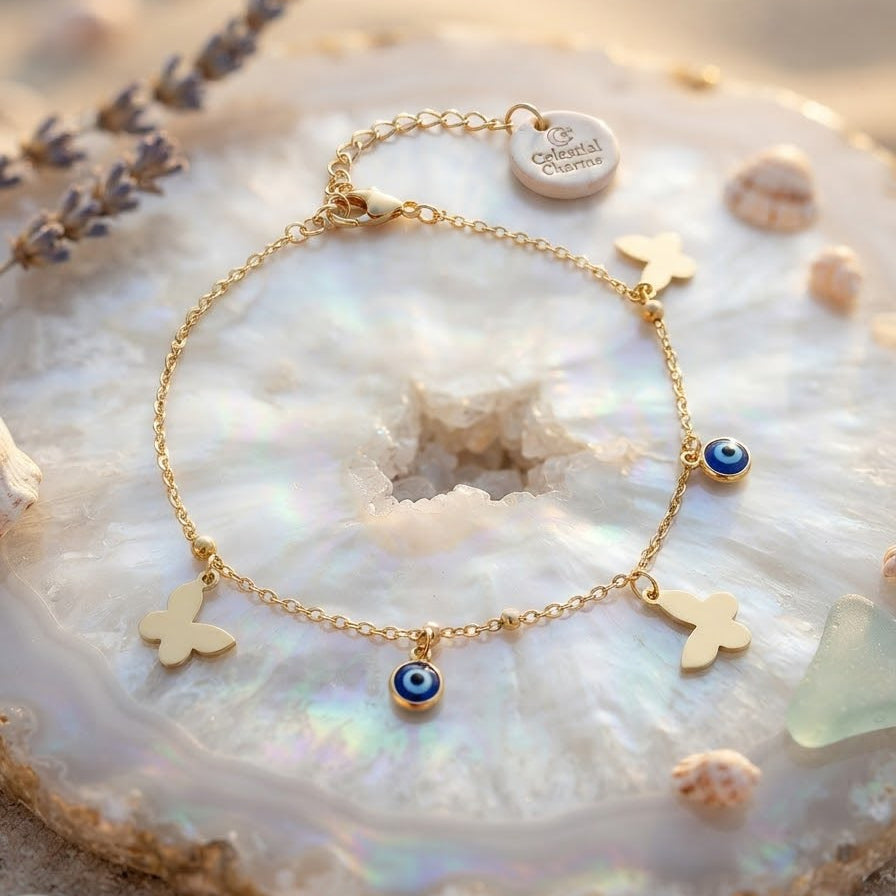 Gold Evil Eye & Butterfly Charm Anklet