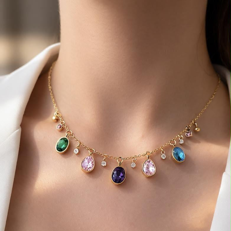 Gold-Plated Multi-Color Crystal Charm Necklace
