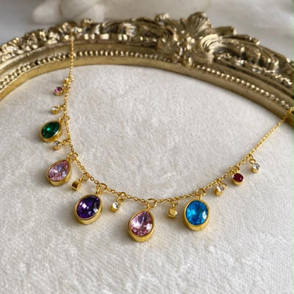 Gold-Plated Multi-Color Crystal Charm Necklace