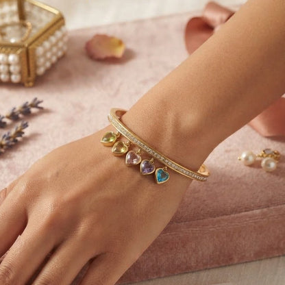 Gold-Plated Zircon & Multi-Color Heart Charm Bangle