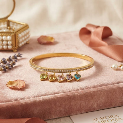 Gold-Plated Zircon & Multi-Color Heart Charm Bangle
