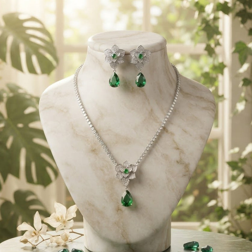 Emerald Blossom Zircon Jewelry Set