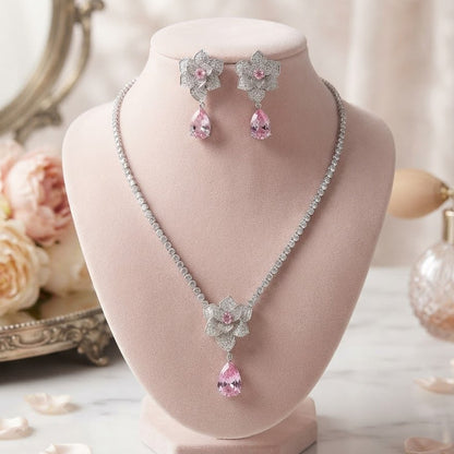 Radiant Pink Zircon Floral Jewelry Set