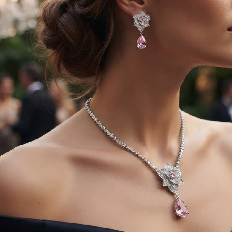 Radiant Pink Zircon Floral Jewelry Set