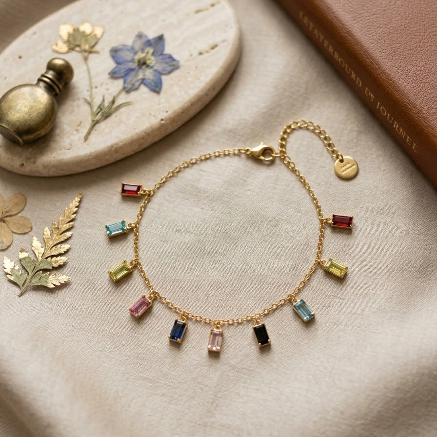 Multicolor Gemstone Gold Charm Bracelet