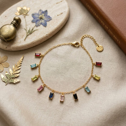 Multicolor Gemstone Gold Charm Bracelet